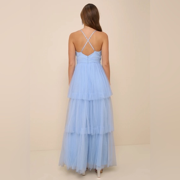 Lulu’s Charming Glamour Light Blue Tulle Sleeveless Tiered Poofy Maxi Dress - Picture 3 of 9